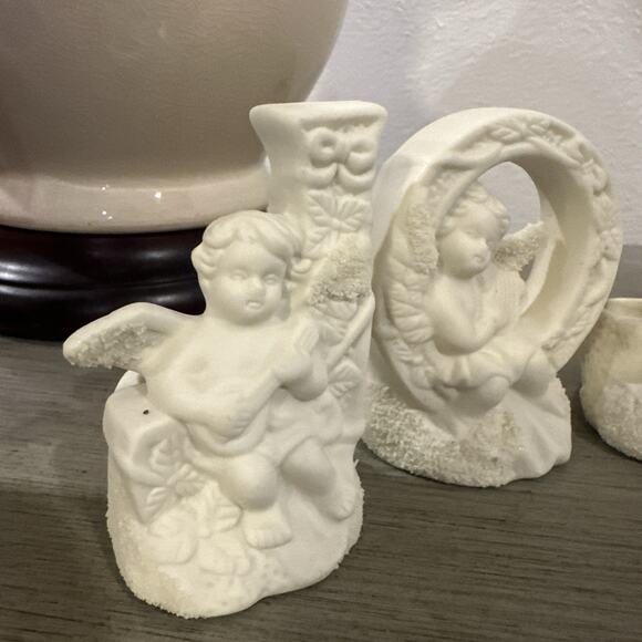 Vintage Candle Holders JOY Ceramic Cherub Angel‎ Christmas Holiday set of 3 - Picture 3 of 11